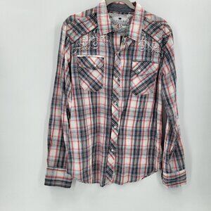 The Buckle Pearl Snap Shirt‎ Mens Medium Red Blue Plaid Icon Western Embroidered